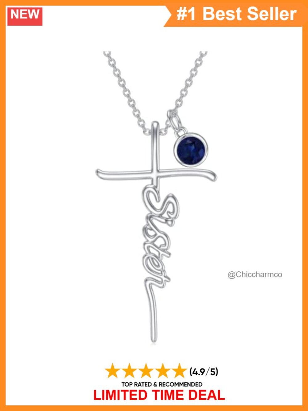 925 Sterling Silver Sister Cross Birthstone Pendant Necklace